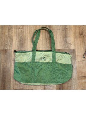 Vintage LL Bean Green Nylon Tote Bag Zip Top Multi Pocket Gardening Utility Bag